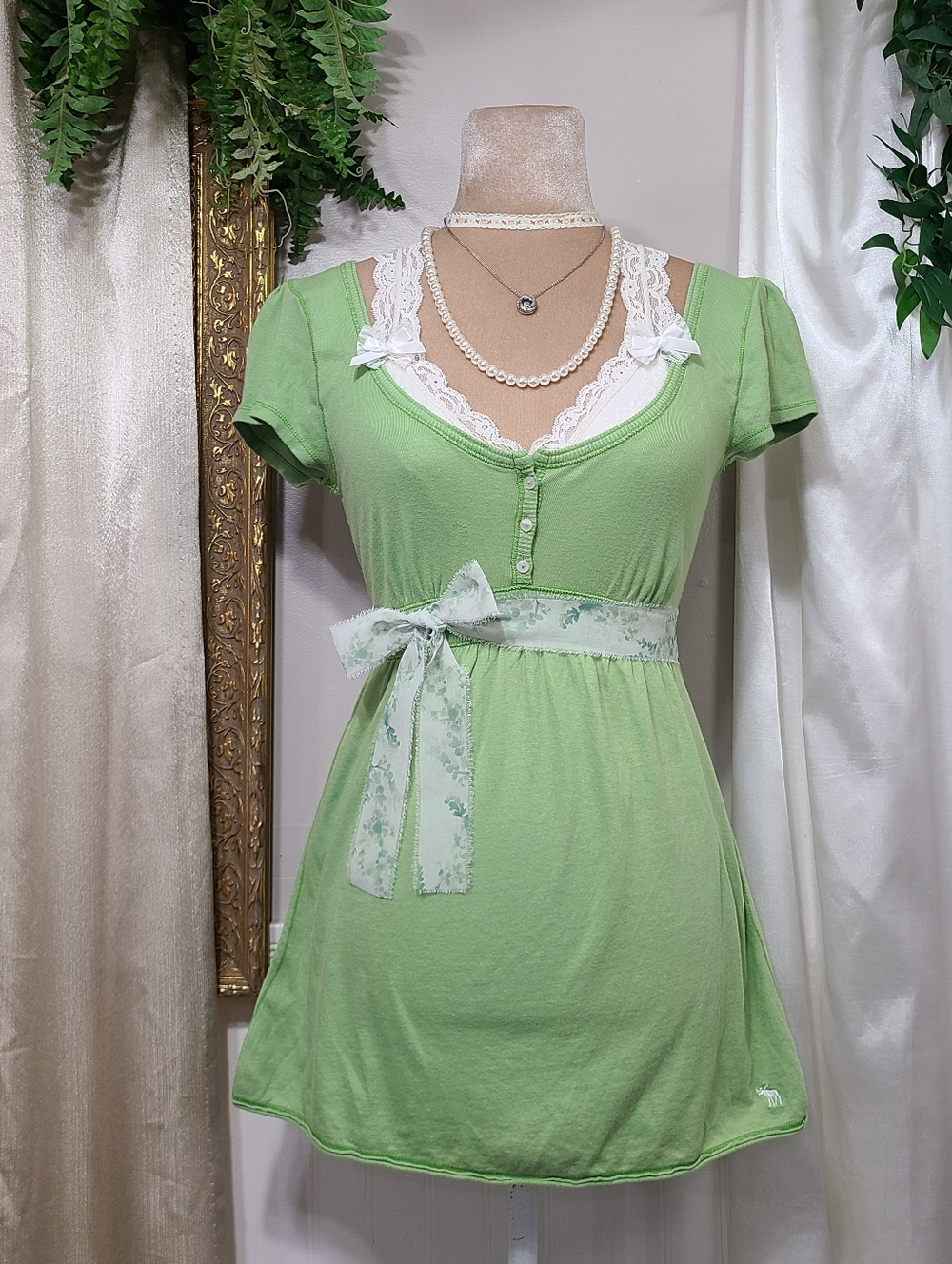 NWT ♡ Y2K ♡ Abercrombie Green Babydoll Henley Top Flutter Sleeve